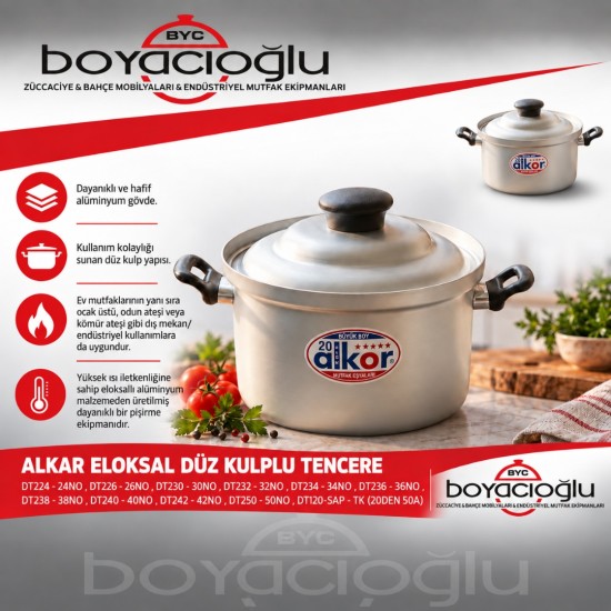 ALKAR ELOKSAL DÜZ KULPLU TENCERE 30NO