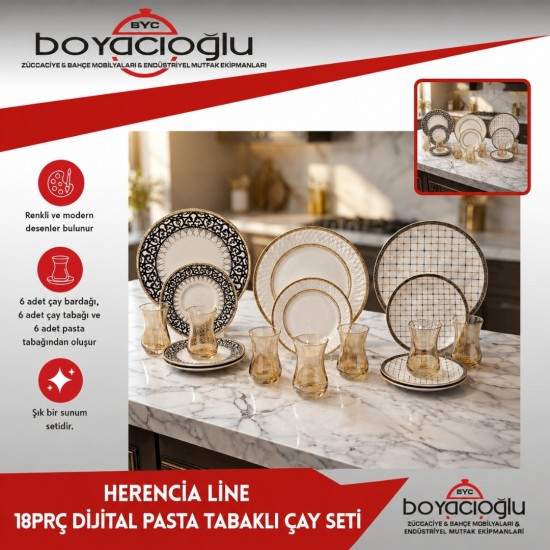 HERENCİA LİNE 18PRÇ DİJİTAL PASTA TABAKLI ÇAY SETİ