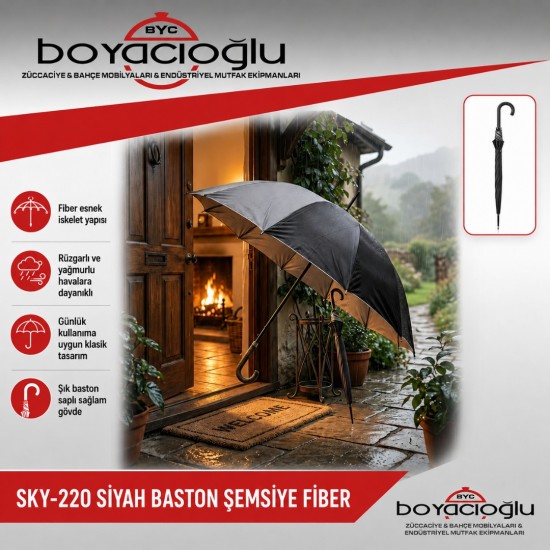 SKY-220 SİYAH BASTON ŞEMSİYE FİBER
