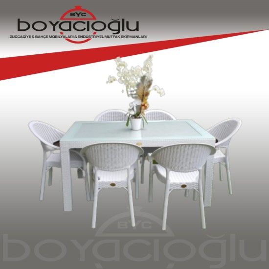 MEVSİM CAMLI RATTAN BAMBU MASA TAKIMI-BEYAZ