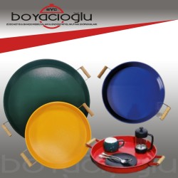 METAL TEPSİ AHŞAP KULPLU YUVARLAK 28CM