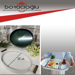 METAL TEPSİ AHŞAP KULPLU OVAL 29CM